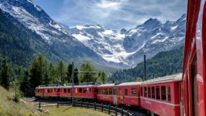 The Bernina Express passes by the stunning Morteratsch Glacier in Switzerland