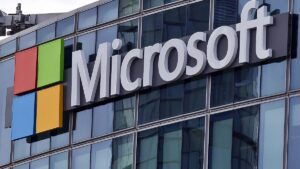 The Microsoft logo is seen in Issy-les-Moulineaux, outside Paris, France.
