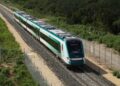 The inaugural train with President Andrés Manuel López Obrador on board passes near Chochola, Quintana Roo State, Mexico, 15 December 2023.