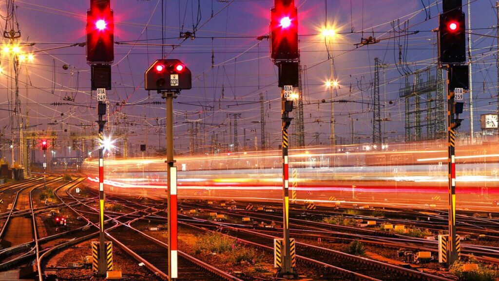 A train leaves the main train station in Frankfurt, Germany