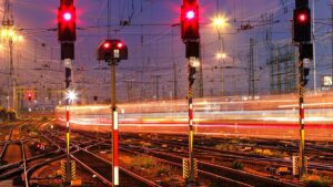 A train leaves the main train station in Frankfurt, Germany