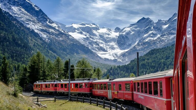 The Bernina Express passes by the stunning Morteratsch Glacier in Switzerland