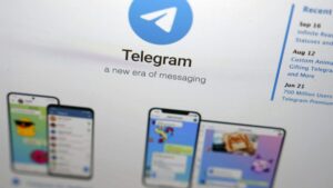 The website of the Telegram messaging app is seen on a notebook screen in 2022.
