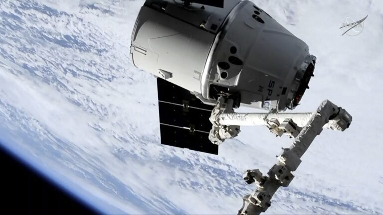 In this image taken from NASA Television, a SpaceX shipment prepares to arrive at the International Space Station following a weekend launch, Monday, May 6, 2019.