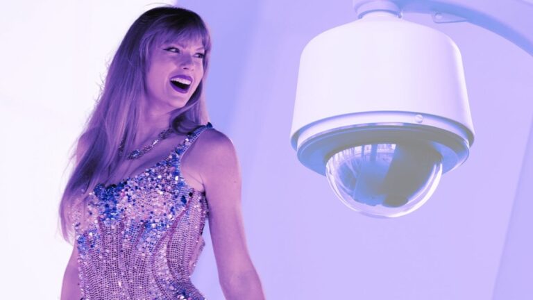 Photo collage between video surveillance and Taylor Swift performing in Paris