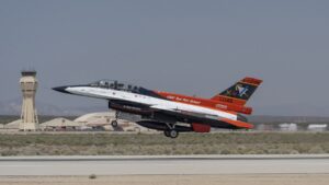 The X-62A VISTA aircraft, an experimental AI-enabled Air Force F-16 fighter jet, takes off on Thursday, May 2, 2024, at Edwards Air Force Base, California.