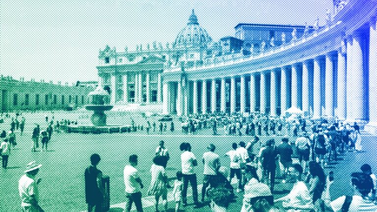 Tourists and faithful wander in St Peter