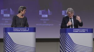 EU Commissioners Margarethe Vestager and Thierry Breton during a press conference.