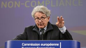 European Commissioner for Internal Market Thierry Breton addresses a media conference.