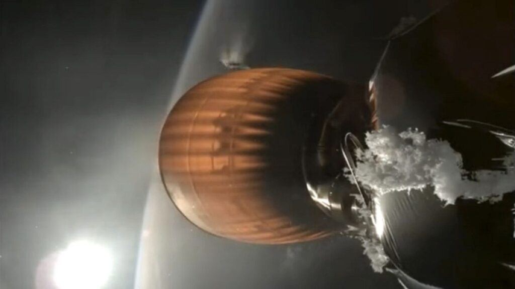 This image from video provided by SpaceX shows the upper stage engine of a SpaceX Falcon 9 rocket, which blasted off from California on Thursday, July 11, 2024