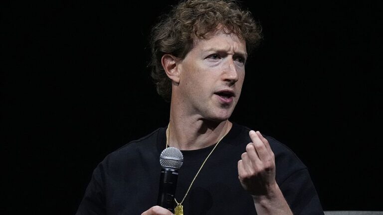 Mark Zuckerberg, chief executive officer of Meta, makes a point during an appearance at SIGGRAPH 2024, the premier conference on computer graphics and interactive techniques,