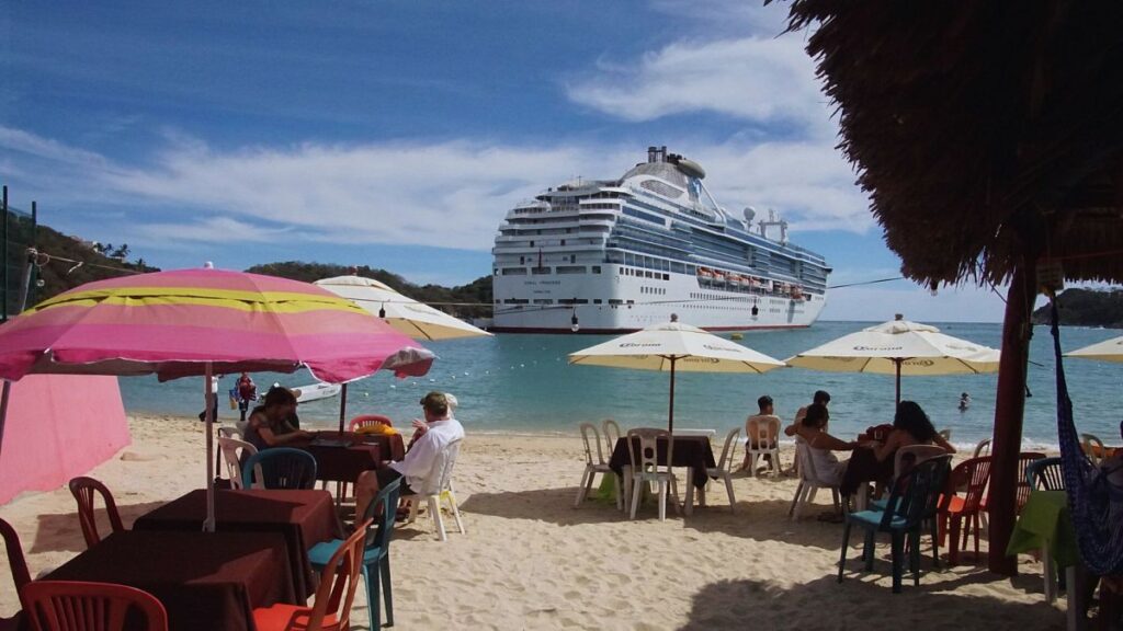A cruise ship visits Huatulco port in Mexico