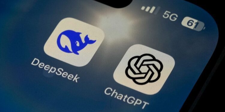 The Icons for the smartphone apps DeepSeek and ChatGPT are seen on a smartphone screen in Beijing, Tuesday, Jan. 28, 2025