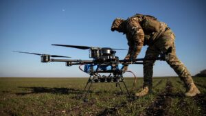 A Ukrainian serviceman prepares a Vampire attack drone near the front line in the Donetsk region, Ukraine, Saturday, Feb. 8, 2025.