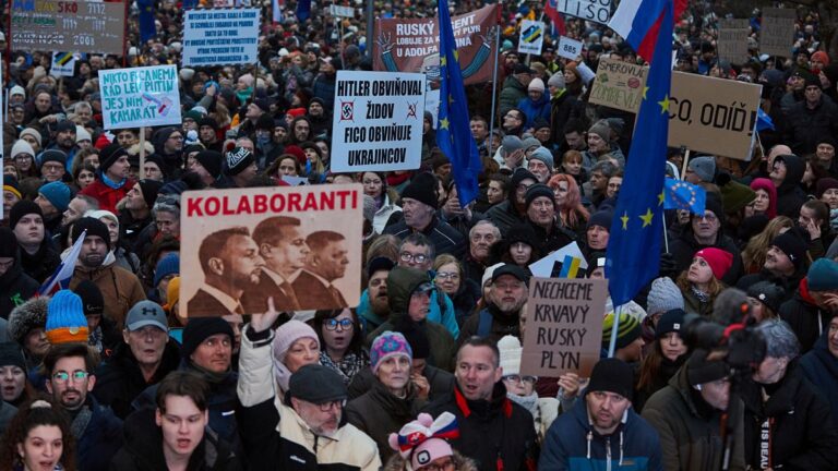 People take part in an anti-government protest at the Freedom Square organised by political activists in Bratislava, 7 February, 2025